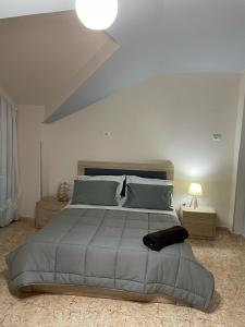 a bedroom with a large bed with a gray comforter at Maison Centre in Shkodër