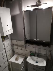 y baño con lavabo y espejo. en Apartament przy dworcu, en Krosno