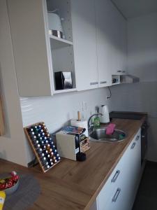 een keuken met een wastafel en een aanrecht met een wastafel bij Green and grey in Novi Sad