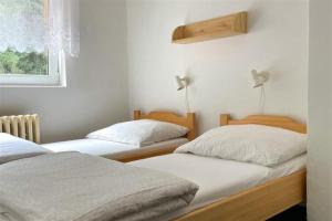 two twin beds in a room with a window at Chata Čeňkovka in Srní