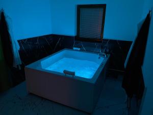 a dark bathroom with a tub with a blue light at Hedonist Spa Jacuzzi Sarajevo in Sarajevo