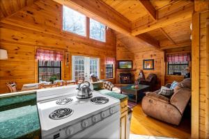 セバービルにあるGreat Smoky Mountains Cabin!, Secluded, Pet-Kid Friendly!のキッチン、リビングルーム(コンロ付)が備わるキャビンです。