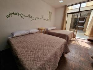 - une chambre avec 2 lits et une fenêtre dans l'établissement Central Hostel Zona 10, à Guatemala