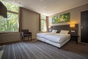 um quarto de hotel com uma cama, uma secretária e duas janelas em Fletcher Hotel Restaurant Boschoord em Oisterwijk