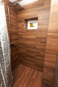 a bathroom with a shower with a wooden wall at Гостьовий дім Білий пацюк in Kamianets-Podilskyi