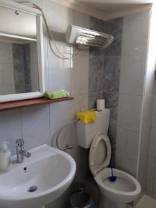 ein Badezimmer mit einem Waschbecken, einem WC und einem Spiegel in der Unterkunft Apartment Aleksadra in Paralia Katerinis