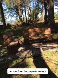 dois bancos de madeira num parque com árvores em Agradable Cabaña inserta en bosque nativo em Pucón