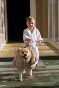 Ein kleiner Junge im Bademantel mit einem Hund in einer Decke. in der Unterkunft Hotel & Spa Trzy Wyspy in Świnoujście