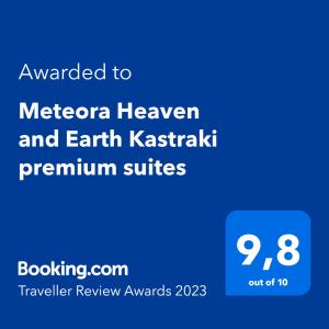 Un certificat, premiu, logo sau alt document afișat la Meteora Heaven and Earth Kastraki premium suites - Adults Friendly