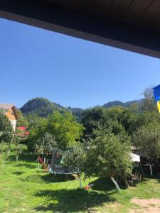 een uitzicht op een tuin met bomen en een tent bij Casa Firuta Borsa in Borşa