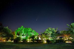 een huis verlicht in de nacht met groene lichten bij Sunny Garden Aparthotel in Oud Epidauros