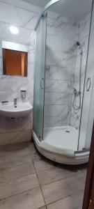 een badkamer met een douche en een wastafel bij Harmony on Andrew descent in Kiev