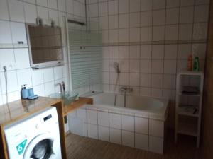 ein Badezimmer mit einer Badewanne und einer Waschmaschine in der Unterkunft Apartmán v dřevěném domě in Franzensbad