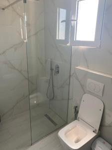 La salle de bains blanche est pourvue d'une douche et de toilettes. dans l'établissement Vila Avni Likometi, à Ksamil