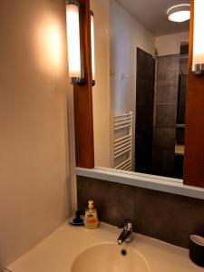 a bathroom with a sink and a mirror at Une terrasse sur la mer in Crozon