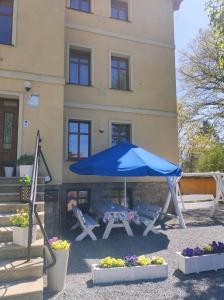 uma mesa com um guarda-chuva azul em frente a um edifício em Willa Pod Gwiazdami & SPA em Kudowa-Zdrój