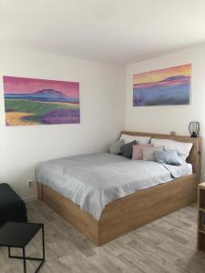 um quarto com uma cama com duas pinturas na parede em Apartmán X28 em Mikulov