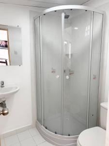 a bathroom with a shower and a toilet and a sink at Casa Cairo in Cartagena de Indias