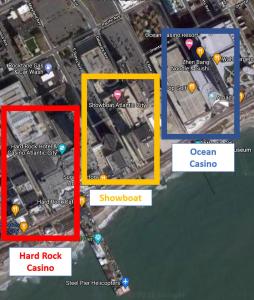 um mapa que mostra a localização de um casino de hard rock e de um casino oceânico em Boardwalk King Bed Retreats by CozySuites em Atlantic City