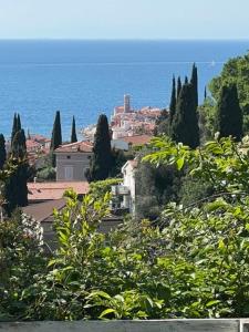 una ciudad en una colina con el océano en el fondo en VISTA del MAR, en Piran