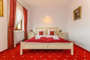 - une chambre avec un grand lit et un tapis rouge dans l'établissement Panoramic Center Rooms, à Braşov