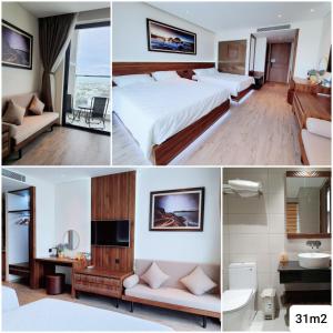 un collage de trois photos d'une chambre d'hôtel dans l'établissement Căn hộ Condotel 5 sao Apec Tuy Hòa Phú Yên, à Tuy Hoa