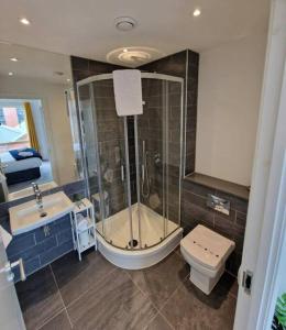 La salle de bains est pourvue d'une douche, de toilettes et d'un lavabo. dans l'établissement Modern apartment, sleeps 6, Belfast city centre, à Belfast