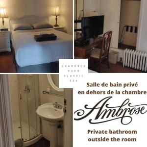 une salle de bains et une chambre avec un lit et un lavabo. dans l'établissement Ambrose House & Cafe - SELF CHECK-IN GUESTHOUSE, à Montréal