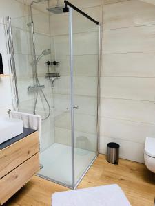 eine Glasdusche im Bad mit Waschbecken in der Unterkunft 2 Zimmer im Loft style über 2 Etagen in Kelheim