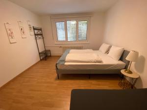 - une chambre avec un lit et une fenêtre dans l'établissement Galaxy Apartments Lucerne, à Lucerne