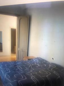 1 dormitorio con 1 cama con edredón azul en Metz-sud - Appartement 120 m2 dans maison du XVIII - Jouy aux Arches entre Nancy et Luxembourg - Proximité toutes commodités, en Jouy-aux-Arches