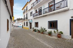 eine Gasse mit Topfpflanzen an der Gebäudeseite in der Unterkunft Apartment T2 Malveiro in Odeceixe