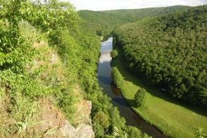 einem Luftblick auf einen Fluss in einem Wald in der Unterkunft Penzion Na Vyhlídce in Lukov