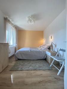 een slaapkamer met een bed, een bureau en een stoel bij Modern and well done flat Geneva - self check-in in Saint-Genis-Pouilly