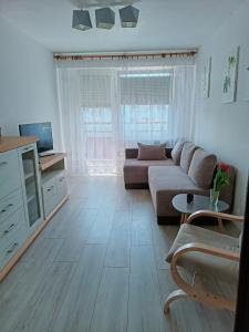 sala de estar con sofá y TV en Apartament Mazury, en Olecko