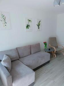 sala de estar con sofá y silla en Apartament Mazury, en Olecko