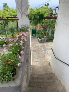 einen Garten mit rosa Blumen an der Seite eines Gebäudes in der Unterkunft Η θεα traditional house in Makrinítsa