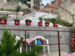 einen Tisch und Stühle auf einem Balkon mit Topfpflanzen in der Unterkunft Η θεα traditional house in Makrinítsa