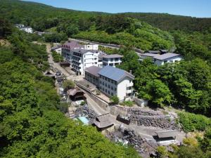 vista aerea di un edificio su una collina di Ryokan Tamagoyu a Machi-niwasaka