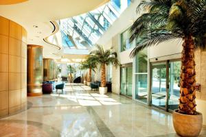 a lobby with a palm tree in a building at Sheraton Myrtle Beach in Myrtle Beach