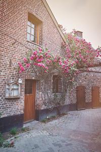 ein Backsteingebäude mit rosa Blumen drauf in der Unterkunft B&B Maas en Heuvel Maastricht in Maastricht