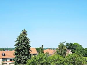 eine Baumgruppe vor einem Gebäude in der Unterkunft Seezeit - gemütliche Ferienwohnung, Tiefgarage, Cospudener See in Markkleeberg