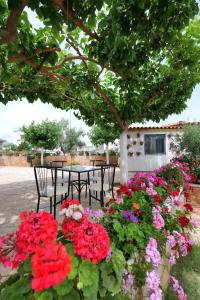 - une table, des chaises et des fleurs dans le jardin dans l'établissement Guest House Gerard, à Ksamil