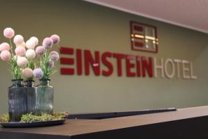 two vases with flowers on a table in a room at EINSTEIN Hotel am Römerpark in Andernach