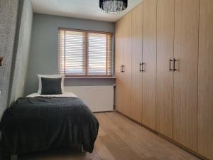 1 dormitorio con cama, armarios de madera y ventana en Boutique Hotel Huys van Leyden, en Leiden