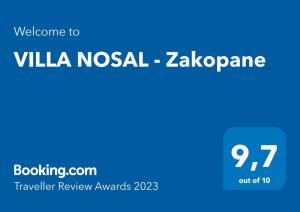 Vottorð, verðlaun, skilti eða annað skjal til sýnis á VILLA NOSAL - Zakopane