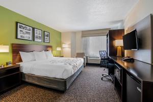 ネイパービルにあるSleep Inn Naperville - Chicagoのベッドとデスクが備わるホテルルームです。