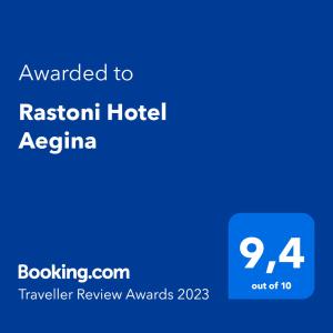 a blue sign with the text awarded to rishi hotel agenna at Rastoni Hotel Aegina in Aegina Town