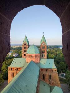 un grand bâtiment avec un toit vert en face dans l'établissement Carpe diem, à Speyer