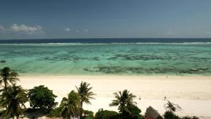 Blick auf einen Strand mit Palmen und das Meer in der Unterkunft Sunny Villa Matemwe in Matemwe